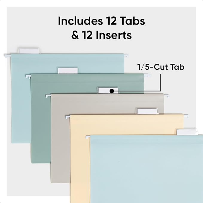 Smead Poly Plastic Hanging File Folders for Documents with Tabs, Letter Size, 0.5 Inch Expansion, File Cabinet Organizer for Filing Cabinets, Assorted Twilight Colors, 12 Pack, Office Supplies (10522)