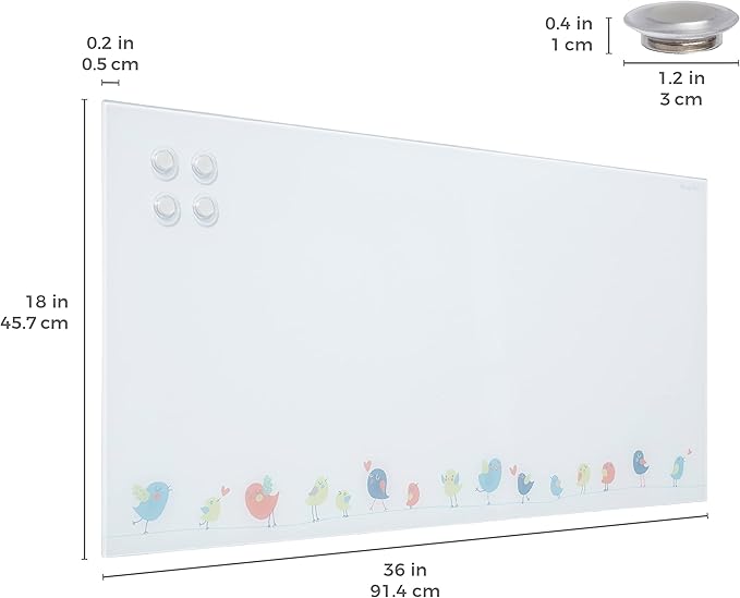 ECR4Kids MessageStor Magnetic Dry-Erase Glass Board with Magnets, 18in x 36in, Wall-Mounted Whiteboard, Birds