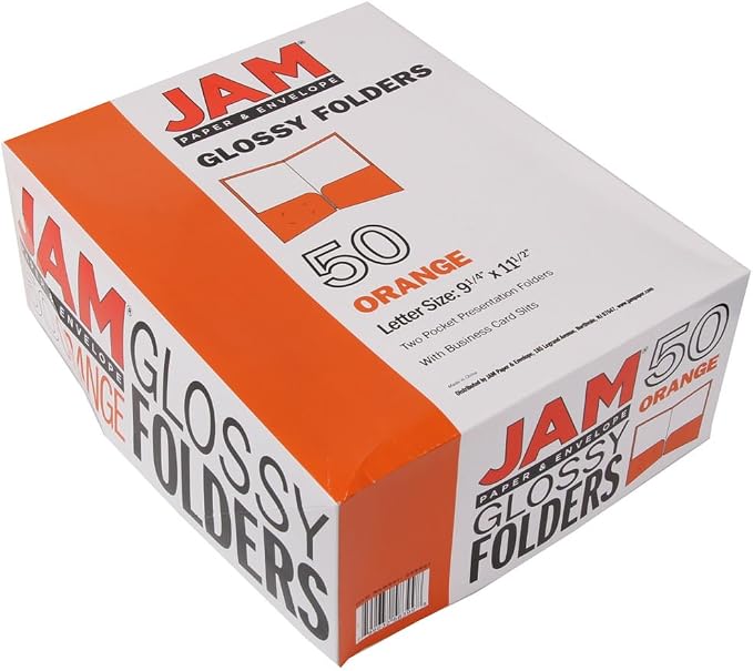 JAM PAPER Laminated Two Pocket Glossy School Folders - Letter Size - High Gloss Orange - Bulk 50/Box