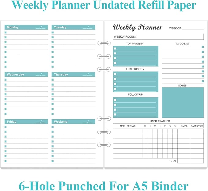 6-Hole Weekly Planner Refills for A5 Binders - 53 Sheets/106 Pages Undated Weekly Planner, 100 gsm White Paper, Lasts 1 Year, Undated, 5.8" x 8.3", Teal
