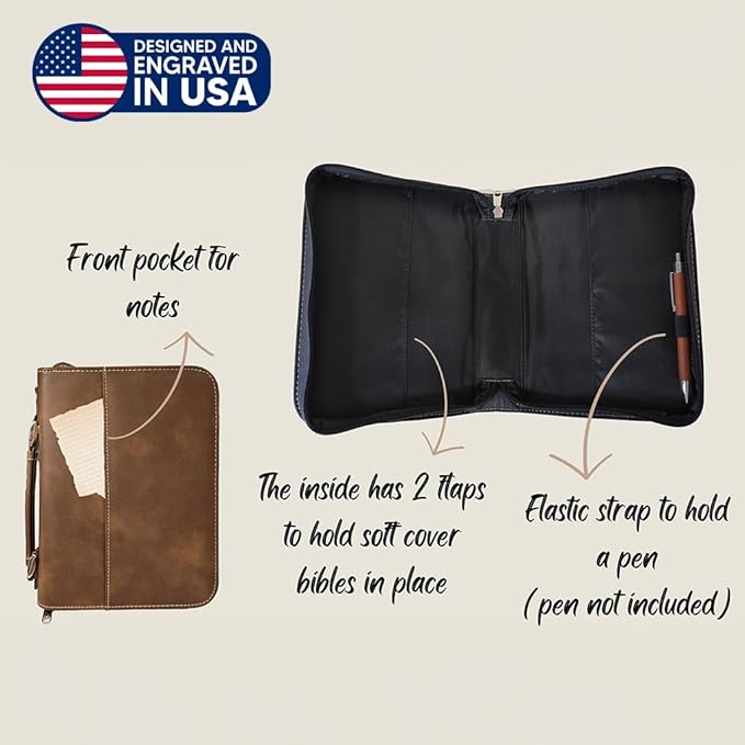 Personalized Vegan Leather Zippered Bible Cover – Custom Engraved Scripture Journal Case with Handle, Pen Holder & Pocket – Fits Large & Medium Bibles