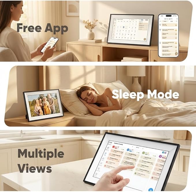 10.1" Smart Family Calendar, Touchscreen All-in-One Planner & Chore/Meal Chart, Wi-Fi Sync with Google/Outlook/iOS, Shared Reminders & App Control, Desk/Wall Organizer + Digital Photo Frame (Black)