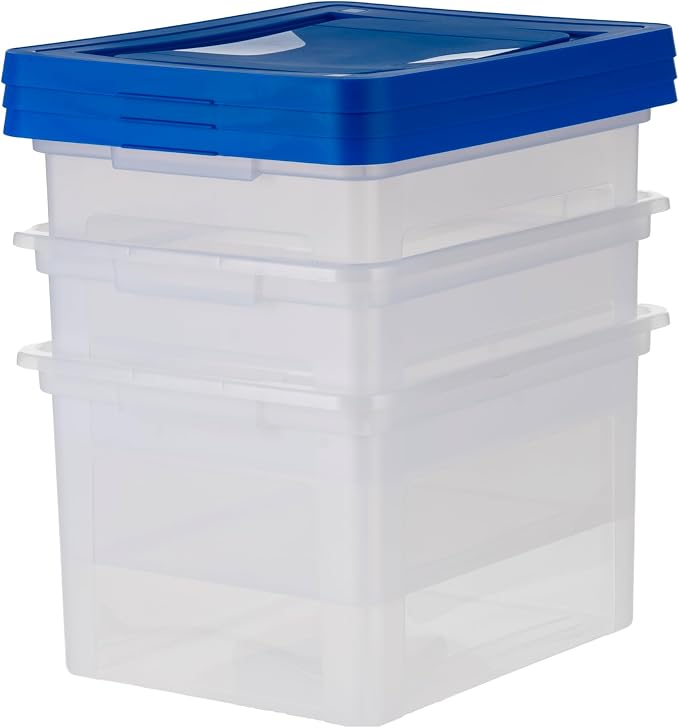 IRIS USA File Storage Box with Lid, Document Protection Box for Letter/Legal Files, Safety File Storage Container, Portable Stackable Filing Organizer, 35 Qt, 3 Pack, Clear/Blue