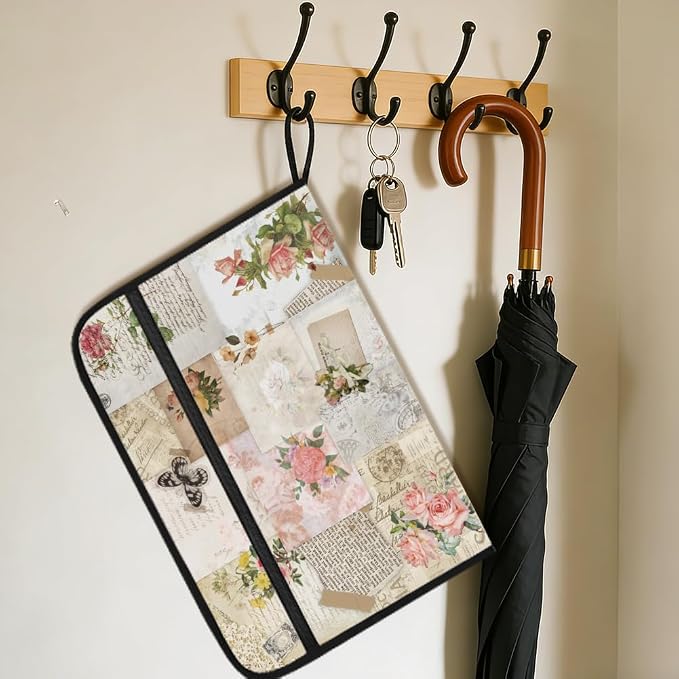 WEBEEDY Vintage Flower Expanding File Folder with 13 Pockets, Labels and Zipper, Retro Poster Collage Prints Accordion File Organizer Portable Document Organiser for A4 Paper Receipt Paperwork Office