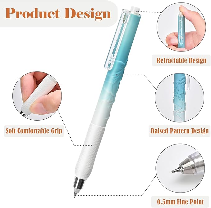 BAYTORY 12 Pcs Retractable Gel Pens, Black Ink 0.5 mm Fine Point Pens, Quick Dry Smooth Writing Aesthetic Journaling Pen for School Office Supplies (Morandi)