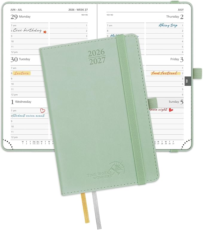 POPRUN Pocket Planner 2026-2027, Purse Size-4" x 6.25", Pocket Calendar (July 2026-June 2027) for Purse, Academic Small Weekly Planner with Hourly Slots, Leather Soft Cover, 100GSM - Celadon Green