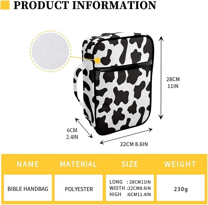 Coldinair Cow Print Bible Cover for Men Women with Handles and Zippered Pocket,Bible Carrying Case,Bible Tote Bag for Kids,Bible Book Cover,Bible Accessories,Christian Gifts