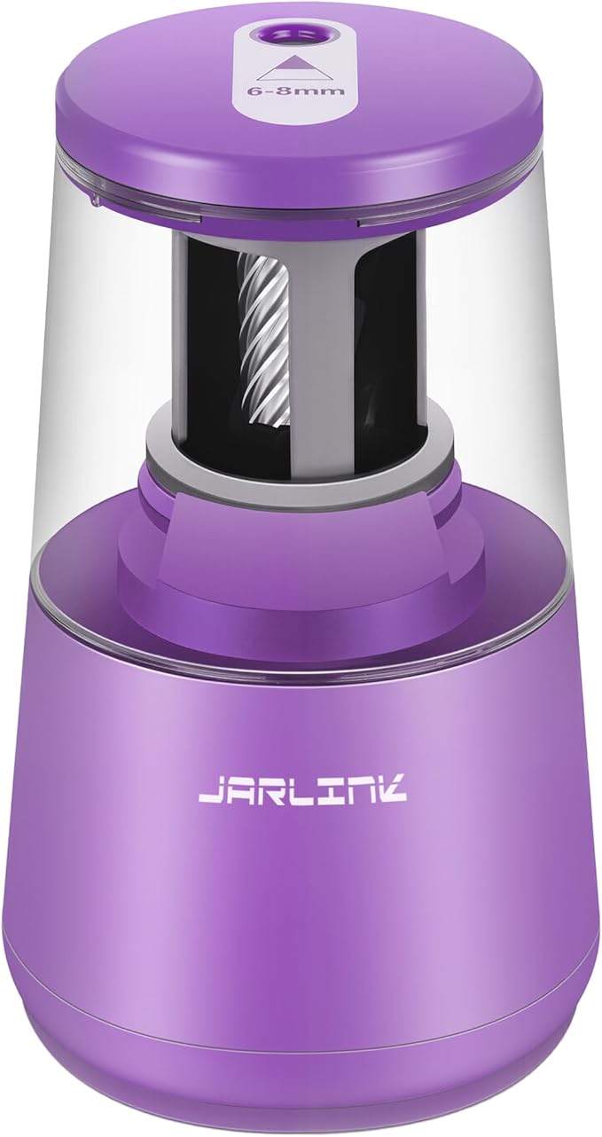 JARLINK Electric Pencil Sharpener, Heavy-Duty Helical Blade to Fast Sharpen, Auto Stop for No.2/Colored Pencils(6-8mm), AC Adapter/Battery Operated in School Classroom/Office/Home (Purple)
