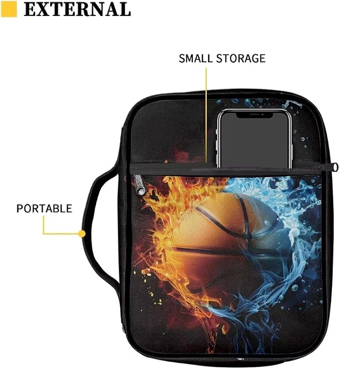 Coldinair Large Bible Cover with Handle and Bookmark Bible Carrying Book Case for Kids Teen Nylon Church Bag Bible Protective for Men,Basketball Water Flame Standard Large Size Bible Covers