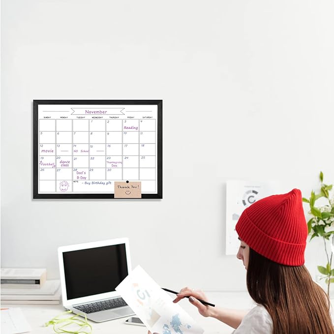 Dry Erase Monthly Calendar Whiteboard, Magnetic White Board for Wall, Hanging Board for Office, Home School, Solid Pine Wood Black Framed Message Board, 13"x 17"(YL-BK-3343-B)