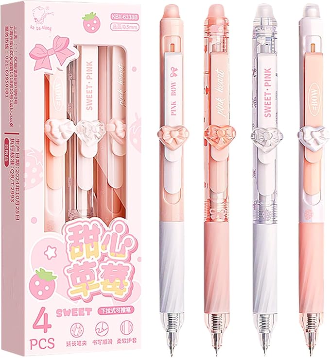 4pcs Pink Erasable Pens 0.5mm GelPens Black Ink Retractable Mistake-Free Smooth Writing Pens with Erasers for Women Men Office Supplies(heart 4pcs, Black)