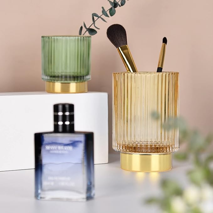 Thick Glass Pen Pot Cute Decorative Pencil Holder Cup for Desk Makeup Brush Holder for Home Office (Golden)