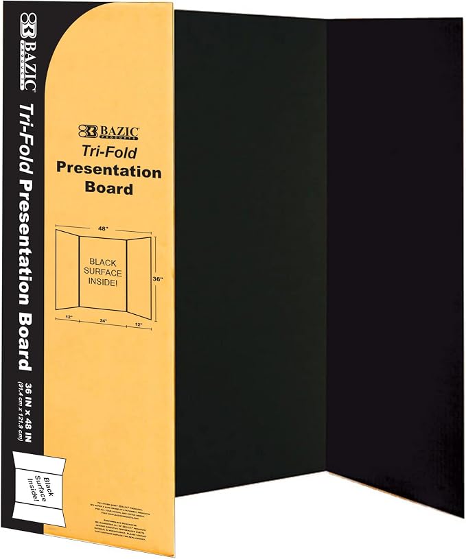 BAZIC Products Black Tri-Fold Presentation Board, 36 x 48 in, Corrugated, for Science Fair Displays, Case of 24
