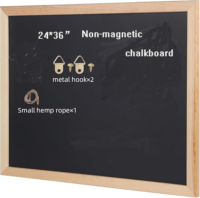 Wooden Frame Chalkboard, Wall-Mounted Blackboard with Natural Wood Border, Black Writing Surface, 36x24 Inches, Non-Magnetic, MDF with PVC Laminate (24 * 36")