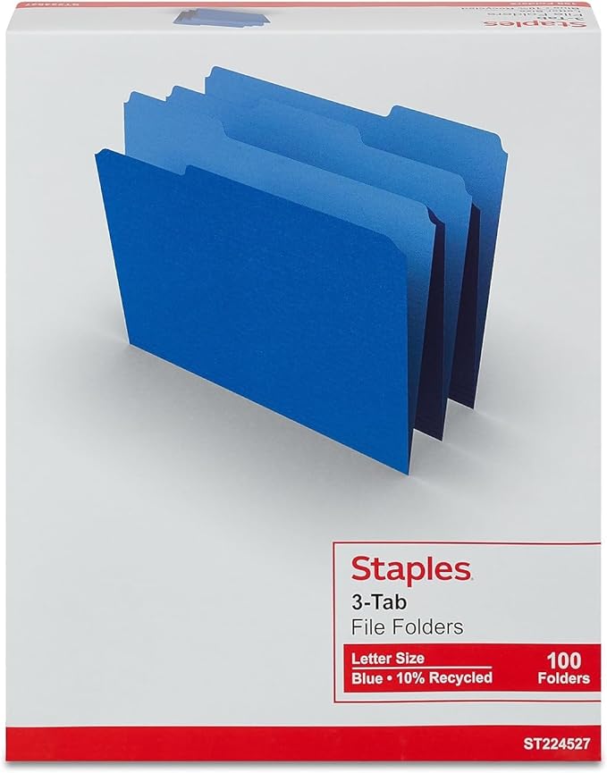 Staples File Folder, Letter Size, 1/3‑Cut Tab, Blue, Durable Paper Stock, 200/Carton