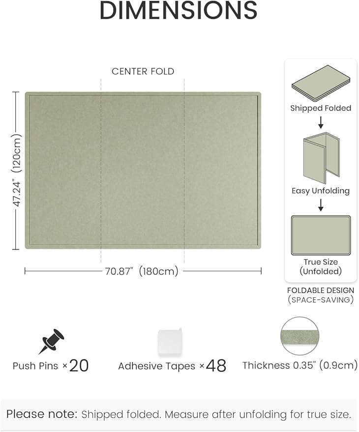 Fluxynara Large Bulletin Board, 70.8" x 47.2" Cork Board Alternative with 48 Safe Removable Adhesive Tabs, Foldable Felt Pin Board for Home Office, Classroom, Bedroom,Entryway for Walls—Sage