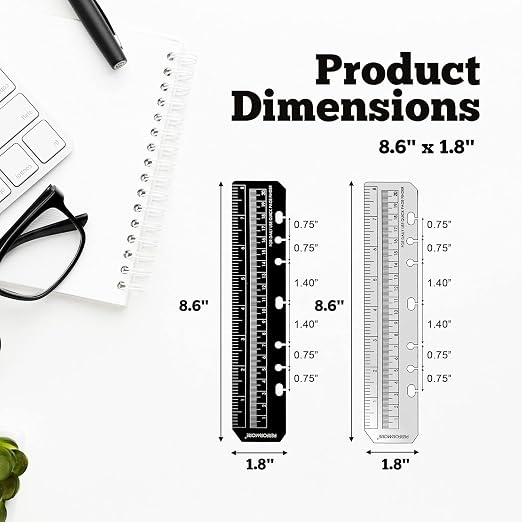 Performore 7 Holes Snap-in Bookmark Ruler | 8 Inch (20cm) Dual-Sided Measuring Tool | Fits A5 Notebooks & 5.5-Inch Binders | Black and Transparent Rulers
