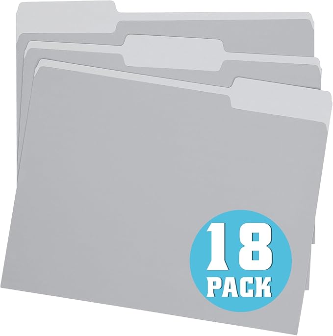 pmybupo 18 Pack File Folders Letter Size Gray,Folders 8.5x11 1/3-Cut Tabs,Colored File Folders,Office Home School for Documents Files Paper