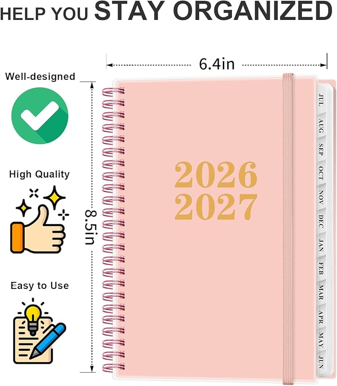 Planner 2026-2027 - Academic Planner from July 2026 to June 2027, Weekly & Monthly Planners Spiral Bound with 12-Month Tabs, Inner Pocket, 6.25" x 8.5", Pink