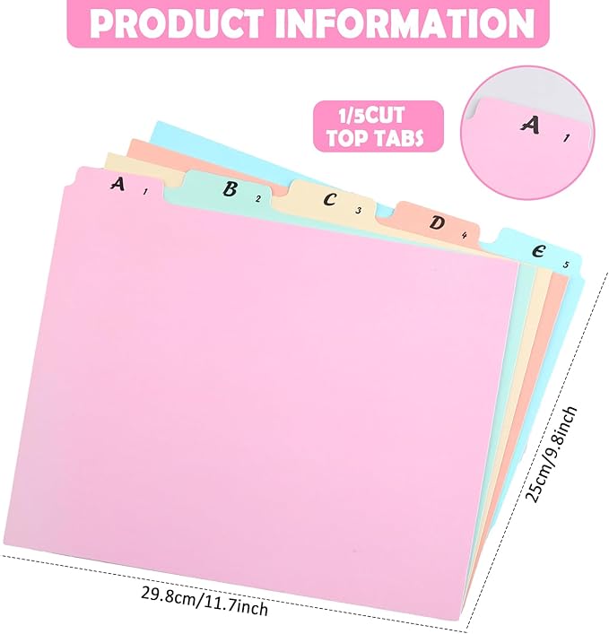1 Set 25 Alphabet File Dividers A-Z Top Tab File Guides Letter Size 1/5 Cut Tab Alphabetic and Number Files Organizer Filing Cabinet Dividers for Work Office Home School Desk Organizer (Pastel)