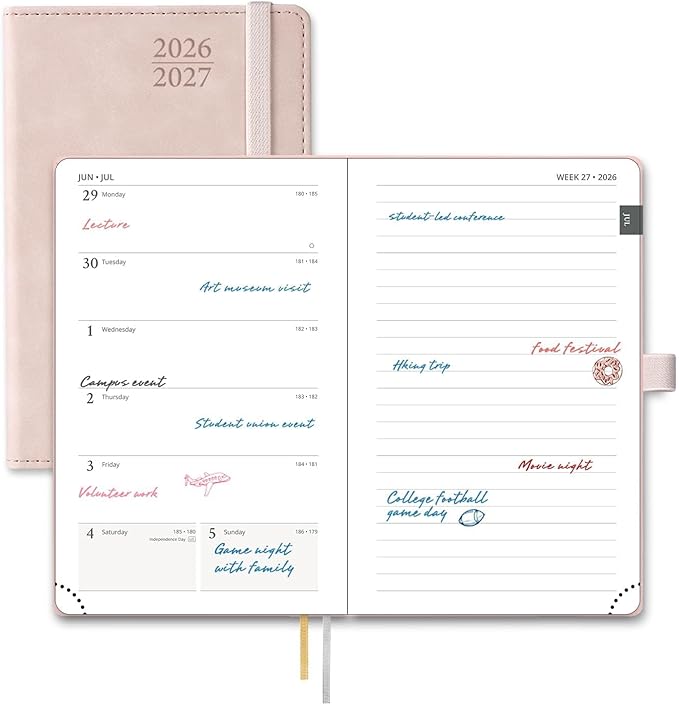 POPRUN 2026-2027 Pocket Planner (Size 4''x 6.25'') Weekly and Monthly Academic Calendar (JUL.26 - JUN.27) with Note Page and Monthly Tabs, Inner Pocket, Leather Soft Cover, 100 GSM - Pink