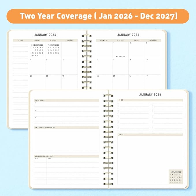 Sweetzer & Orange 2026-2027 Monthly Planner Notebook – 7.5" x 9.5" Two-Year Calendar Planner – January 2026 to December 2027 – Clean Monthly Layout, Sturdy 120gsm Paper, Gold Spiral Binding