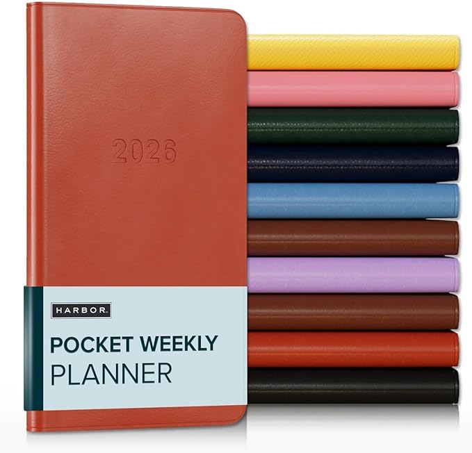 Harbor Pocket Weekly Monthly Planner 2025-2026, Calendar Planner and Notebook, Durable Faux Leather, 192 Pages, Softcover & Book Bound - Cambridge Burnt Orange - 6 x 3.25 "