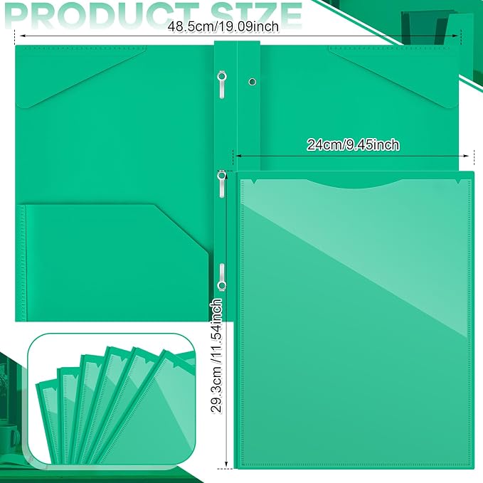 Henoyso 36 Pcs Plastic Folder with Clear Front Pocket and 3 Prong Plastic Folders with Card Slot Pocket Folders with Prongs for School Office (Green)