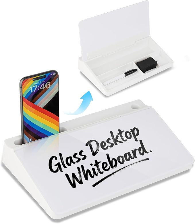 11.8×7” Small Glass Desktop Whiteboard, Dry Erase Note Memo Board, Desk Organizer with Storage for Desk, Office, School Supplies, White, 2026