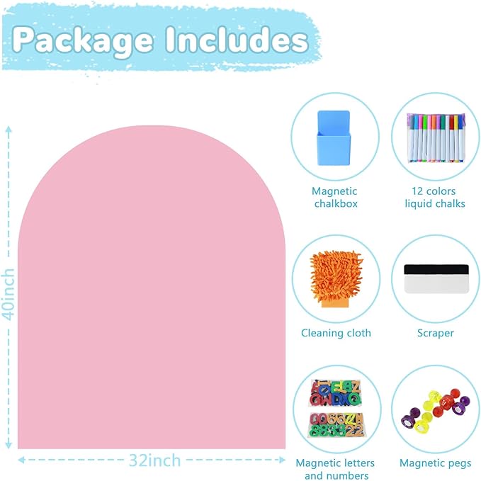 Magnetic Wall Decal for Kids 40x32 Inch Self Adhesive Magnet Arch Chalkboard for Wall Pink Chalkboard Contact Paper Peel and Stick with Letters and 12 Color Liquid Chalk for School Playroom