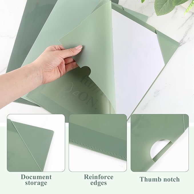 Kisston 15 Pack Green Clear Plastic Folders Sleeves Project Pockets for Letter Size 12.1x8.8, L-Shaped Transparent File Jacket for School Office Desk Supplies