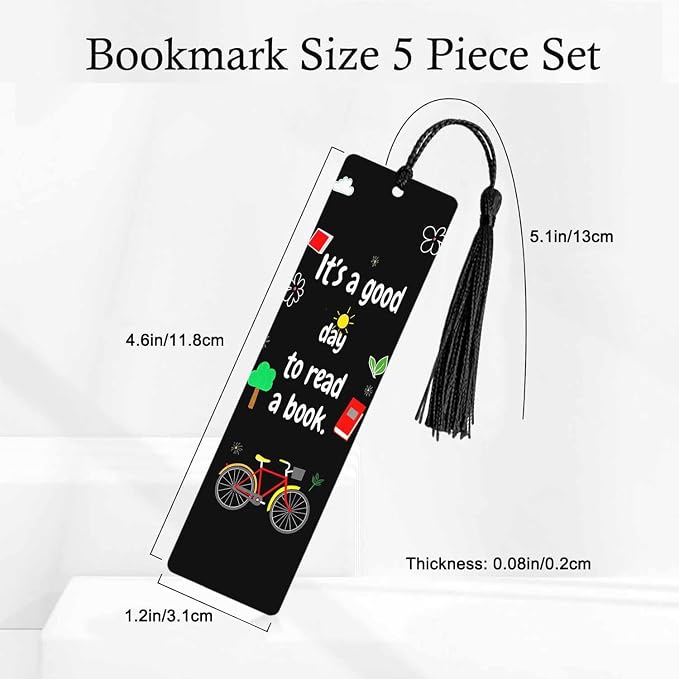 Bicycle Bookmarks Set 5 with Tassels Leaves Reading Theme Cartoon Wooden Bookmarks for Reading Women Men Students Teachers School Supplies