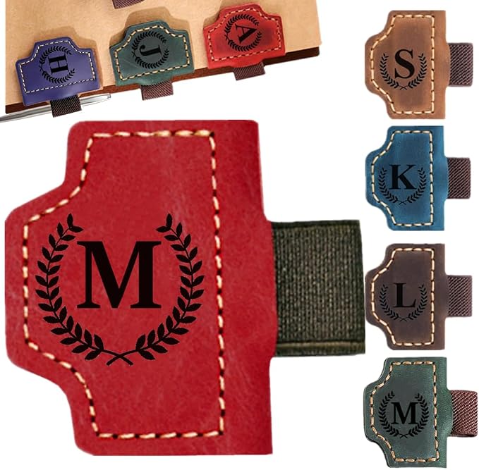 Custom Bookmark with Pen Holder with 26 Letters Personalized Magnetic Leather Book Mark, Customized Name Book Marker Clip with Initial for Men Women, Gifts for Book Lovers, Readers, (Red, M)