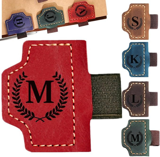 Custom Bookmark with Pen Holder with 26 Letters Personalized Magnetic Leather Book Mark, Customized Name Book Marker Clip with Initial for Men Women, Gifts for Book Lovers, Readers, (Red, M)