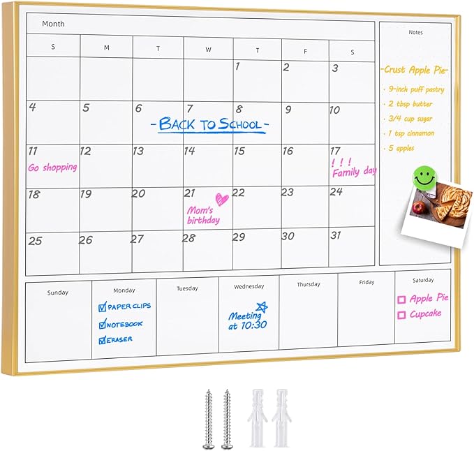 3-in-1 Dry Erase Calendar for Wall with Golden Aluminum Frame, 17x 13 inches Magnetic Monthly & Weekly Calendar Whiteboard, Dry Erase Board for Wall for Decor/Memo(YL+ZL-Gold,4333)