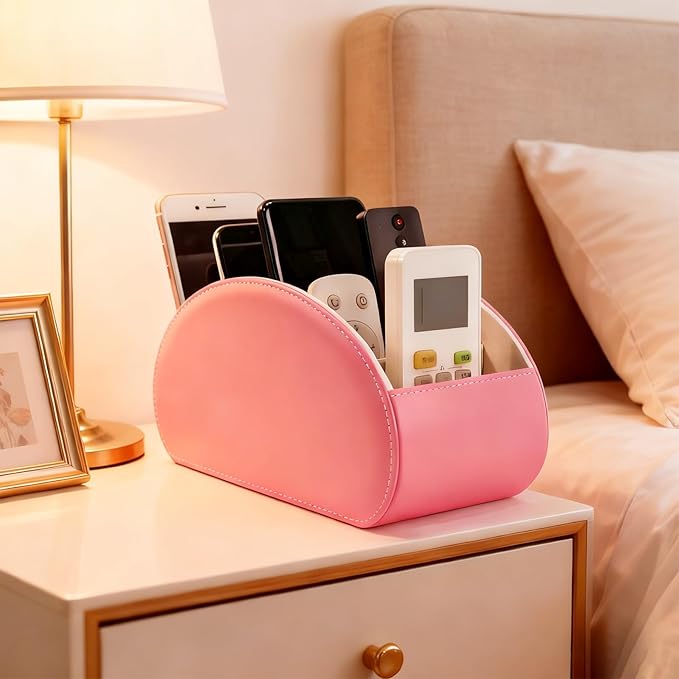 BONNY DODO Remote Control Holders Organizer Box with 5 Compartment PU Leather Multi-functional Office Desk Storage Caddy Store (Pink)