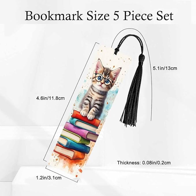 Cute Baby Cat 5 Pcs Bookmarks Wearing Glasses Pet Animal Reading Book Wooden Bookmarks with Tassel for Students Reader Teachers Book Lovers