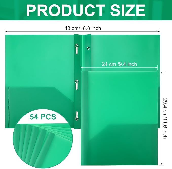 Cholemy 54 Packs Pocket Folders with Prongs Heavy Duty Plastic Folder with Business Card Slot 3 Prong Fasteners for School Office (Green)