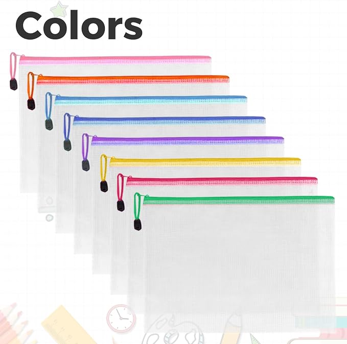 64 Pcs A4 Mesh Zipper Pouch Bags, 8 Colors Waterproof Zipper Pouches, 13 x 9.25 Inch Mesh Bags, Plastic Zippered Storage Bags, Bulk Clear File Bag for Office Supplies, Home Organize