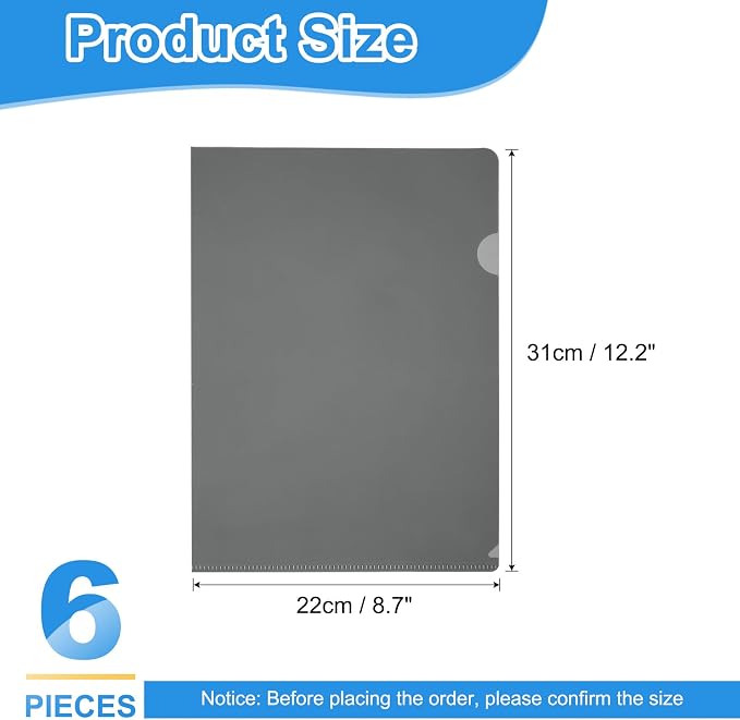 PATIKIL 6 Pack A4 Plastic Folders, Letter Size Clear Folders l Type Project Pockets Paper Document Jacket Sleeves Transparent for Documents Office File, 8.7x12.2, Dark Gray