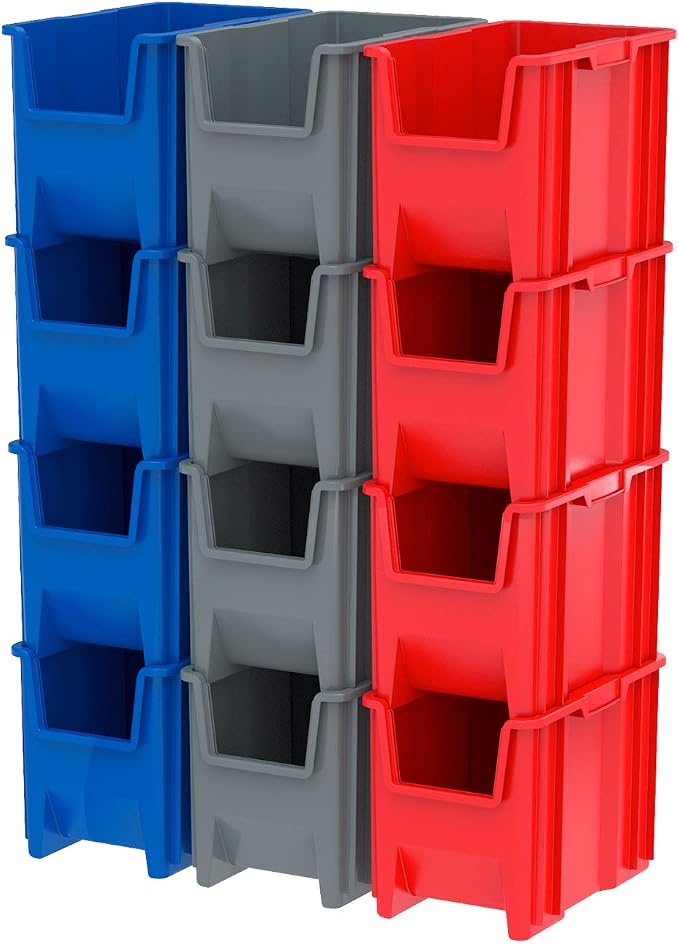 Akro-Mils 13014 Stak-N-Store Heavy Duty Stackable Open Front Plastic Storage Container Bin, (17-1/2" x 11" x 12-1/2"), Red, (4-Pack)