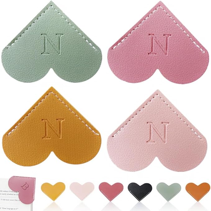 Personalized Leather Heart Bookmark, 26 Letters Customized Corner Book Mark for Reading Women, Book Marker with Initials，Cute Gifts (Light Pink+Deep Pink+Green+Light Brown, N)