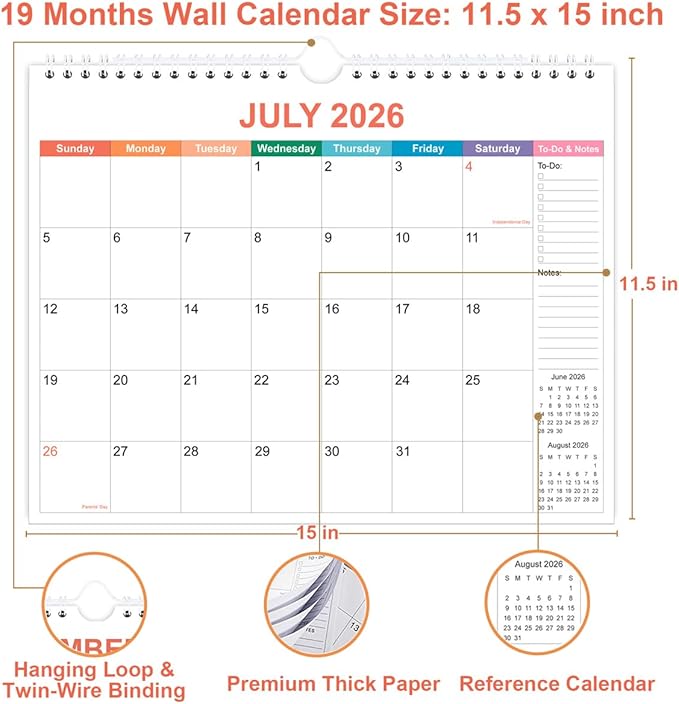 2026-2027 Calendar - Wall Calendar 2026-2027 from June 2026 to December 2027, 2026-27 Calendar with Premium Paper, Twin-Wire Binding & Hanging Hook, 11.5" x 14.5", Colorful