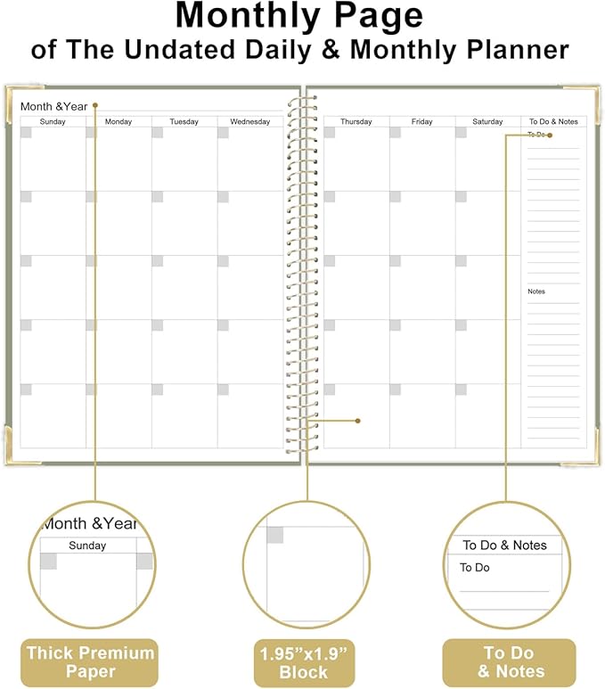 Undated Daily Monthly Planner for 2026 or Anytime - A4 To Do List with Hourly Schedule, Hardcover Spiral Bound Daily Planner to Increase Focus, Stylish School/Office Supplies, 8.5" x 11", Green