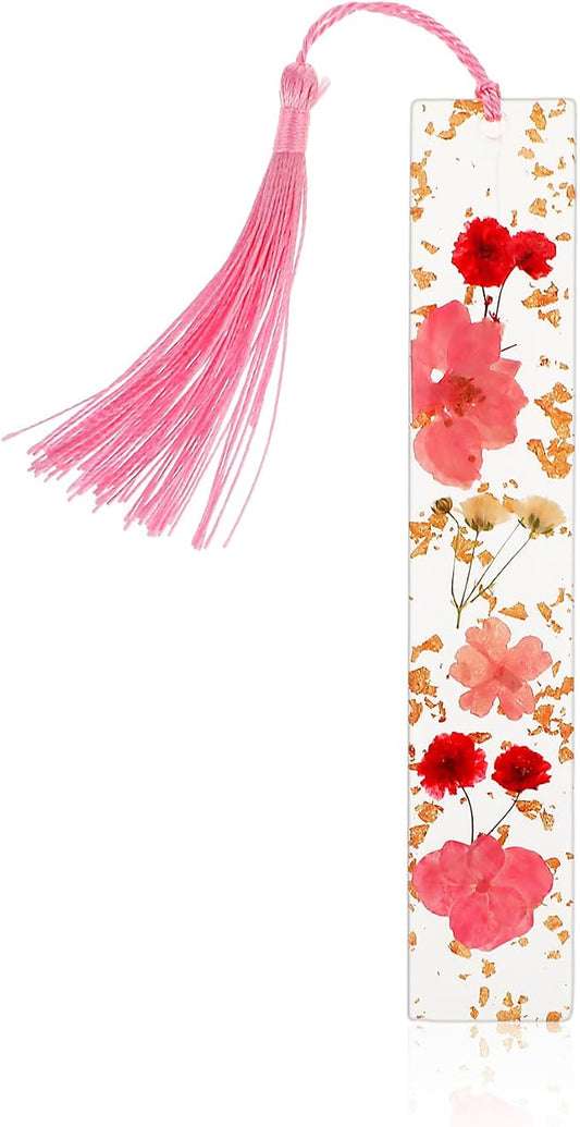 Dimeho Dried Flower Book Marks Tassels Clear Floral Bookmarks Durable Handmade Cute Resin Page Markers Pretty Book Marking Holder Gift for Christmas Bookworms Book Lovers Women(Pink)