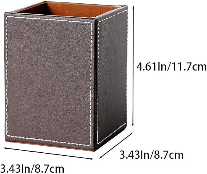 Square Pen Pencil Holder, PU Leather Pencil Cup, Desktop Stationery Organizer, Stand Desk Organizer, Office Accessories Container (Brown)
