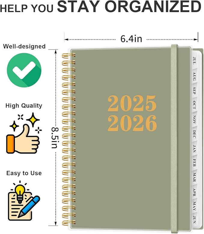 Planner 2025-2026 - Academic Year Planner from July 2025 to June 2026, Weekly & Monthly Planners Spiral Bound with 12-Month Tabs, Inner Pocket, 6.25" x 8.5", Green