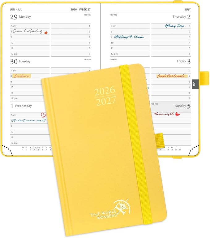 POPRUN 2026-2027 Academic Small Weekly Planner, 4" x 6.25" Purse Size Calendar, July 2026 to June 2027, Hardcover Appointment Book with Horizontal Layout, Hourly Time Slots - Light Yellow