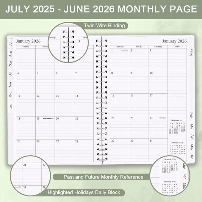 2025-2026 Planner - Academic Planner 2025 2026 for Women & Men, July 2025 - June 2026, Monthly and Weekly Calender with 12 Monthly Tabs, 6.4" x 8.5", Green