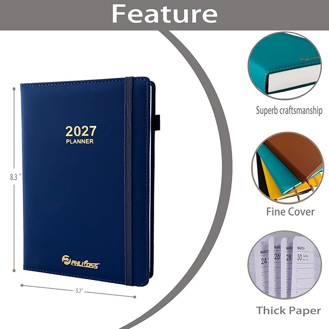 Daily Planner 2027 / Appointment Book, One Page Per Day, Jan - Dec 2027, Annual Daily Monthly Calendar Planner with Hourly Schedule and Monthly Tabs, 5.7" x 8.3" Agenda (Navy Blue)